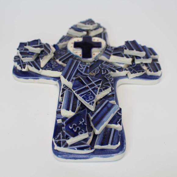 J. Duban Designs Handcrafted Broken Tile Mosaic Art Hanging Cross Cobalt - Picture 3 of 8